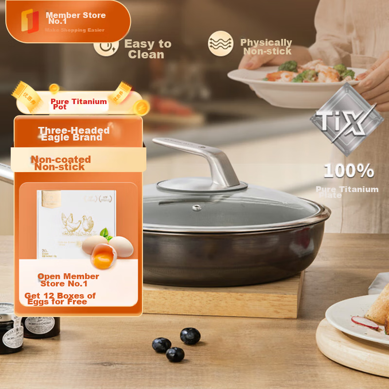 San Touying Titanium Non-Coated Non-Stick Flat Bottom Pan, Frying Pan, Pancake Griddle, Egg Pan, 28cm Universal Stove + Ceramic Tableware Set