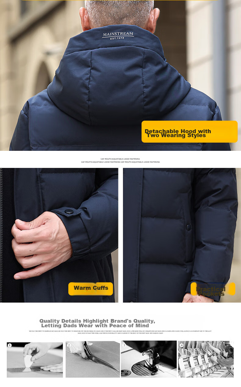 Yalu down Jacket for Men, Winter Warmth, Duck Down, Detachable Hood, Middle-Aged And Elderly Dad Style, Men's Short Coat, Outerwear 9