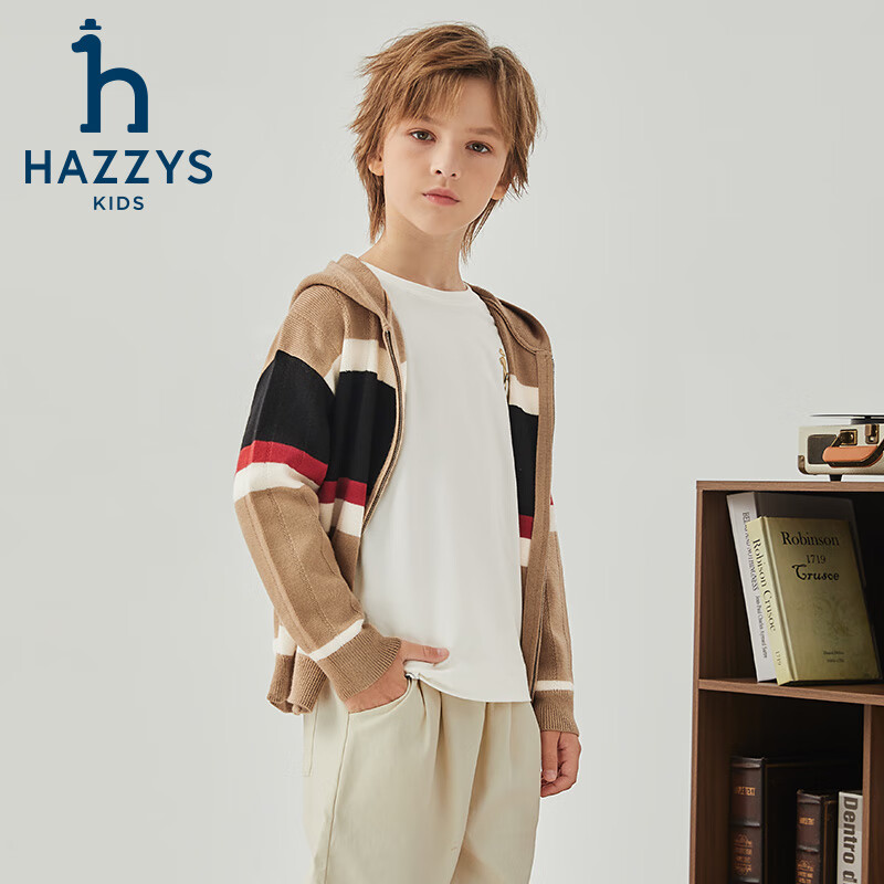 Кардиган HAZZYS для мальчика, вязаный, новый зимний стиль, мягкий и теплый, с открытым воротом, цвет oatmeal khaki, размер 130