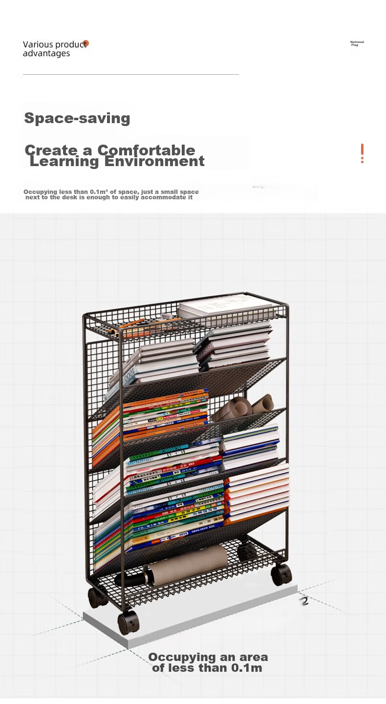 DSRAWMYT Bookshelf, Floor-Standing Storage Rack, Movable Wheeled Bookshelf for Desk Side, Simple Bookcase for Classroom Desk 8