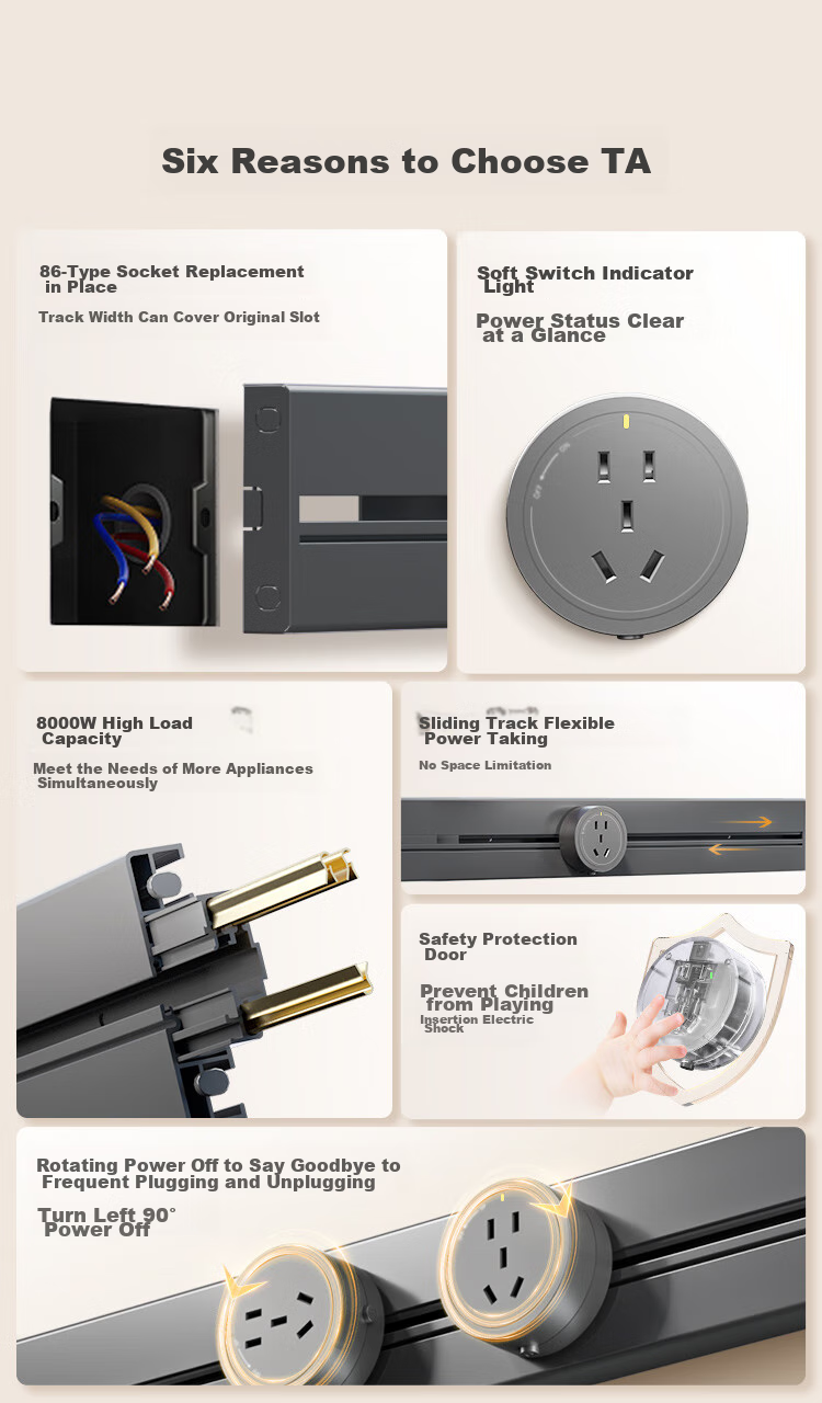JD Original Track Socket, Star Rail Compatible with Bull Power Strip, Xiaomi Sliding Rail Socket, Power Strip, Wireless Guide Rail Switch, Mobile Surface-Mounted Socket, 8000W Power, 100cm + 5 Five-Hole Deep Gray 2