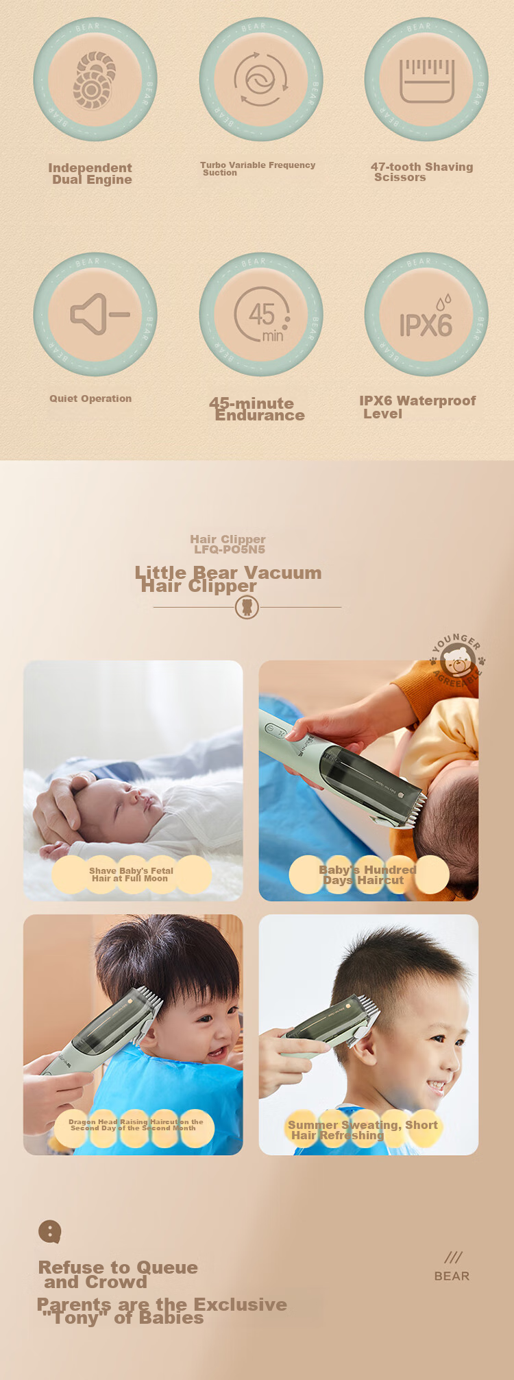Bear Professional Baby Hair Clipper, Children's Electric Trimmer with Low Noise, Long Battery Life, Automatic Hair Suction, Fully Washable P05G1 4