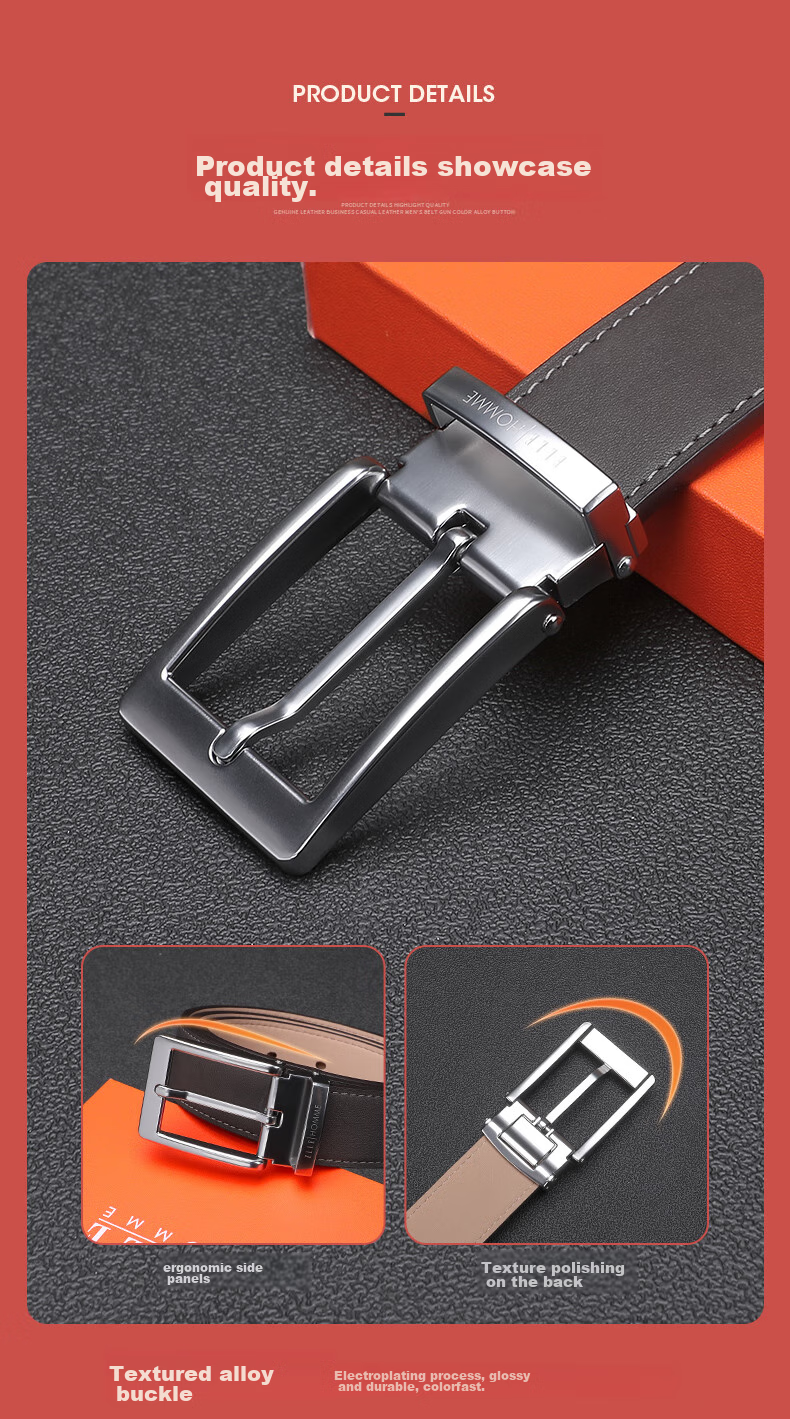 ELLE HOMME Men's Leather Belt with Pin Buckle, Top-Grain Cowhide Casual Trouser Belt for Men, Birthday Gift for Boyfriend 4