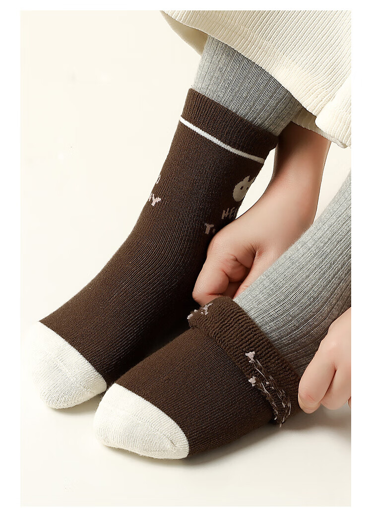 Bingxuemumian Children's Socks, Girls' Autumn And Winter Fleece-Lined Thick Terry Socks, Mid-Calf Cotton Socks, 5 Pairs, for Older Children, Students, Warm Short Socks 10