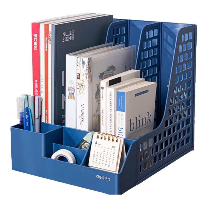 Deli 3-Tier Desk Organizer with Pen Holder, Multifunctional Desktop File Storage Box, Document Tray, Bookend Rack, Office Supplies Multi-Layer File Storage Shelf, Document Stand, Hollow Blue