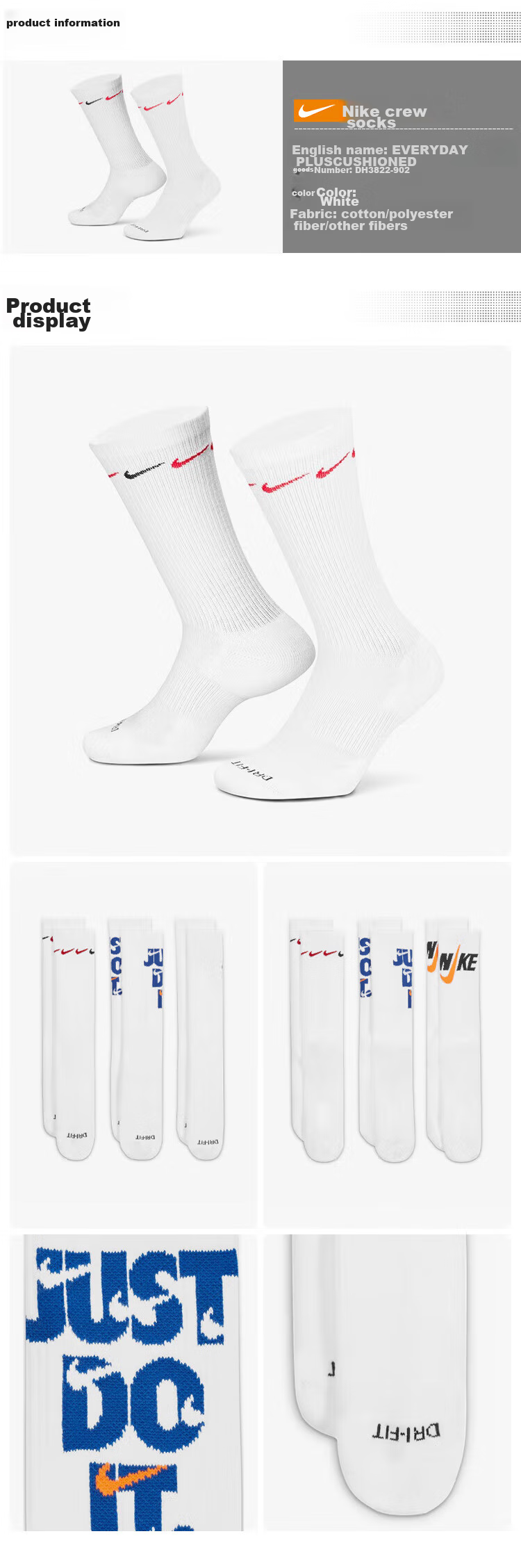 Jordan Men's And Women's Sports Socks, Embroidered Logo, Three-Pair Pack, Quick-Dry Mid-Calf Socks DX9632-100 White M 9