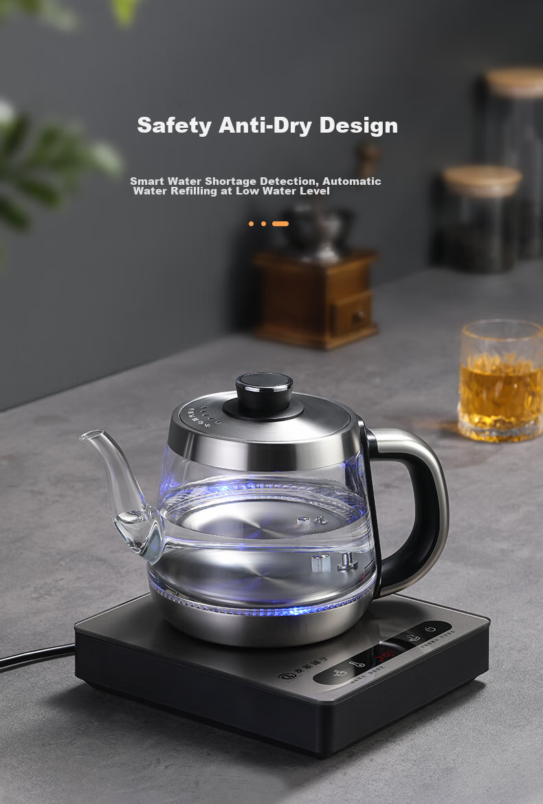 Biooner Fully Automatic Electric Kettle with Water Inlet, Glass Kettle, Tea Table Dedicated Integrated Tea Table, Coffee Table, Tea Brewing Utensils, Electric Tea Stove XT-301 Silver Gray Single Burner 1L 14