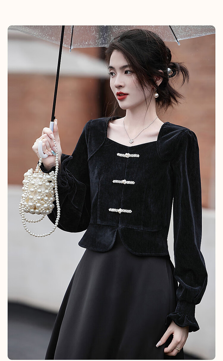 Dme [Xuoxing Wan Yue] Spring And Autumn Style New Chinese-Style Square Collar Shirt with Pearl Buttons, Velvet Blouse Women's Top 2