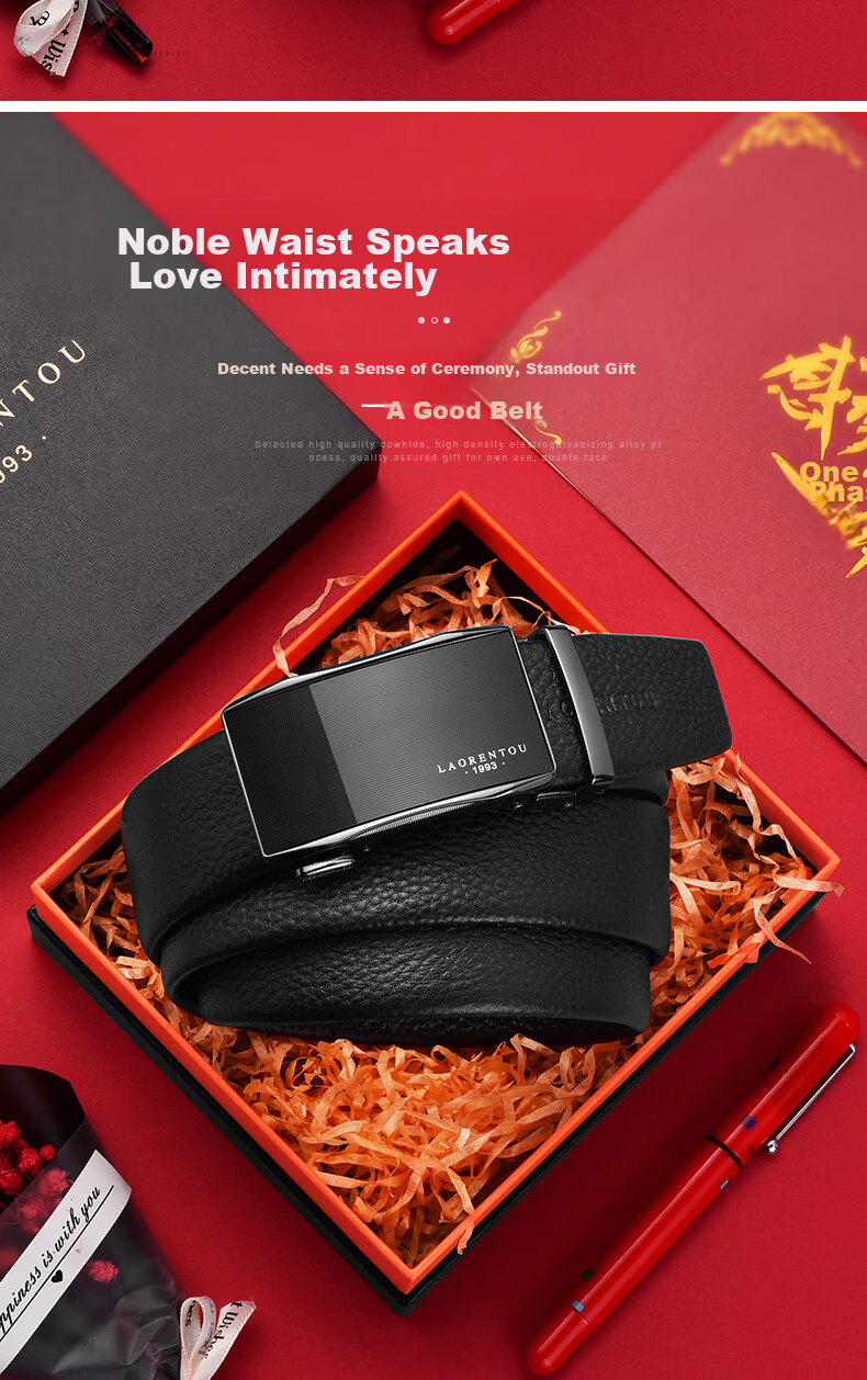LAORENTOU Men's Belt, Top-Grain Leather, Automatic Buckle, Waist Belt for Young And Middle-Aged Men, Gift for Boyfriend's Birthday, Size 115-125 2