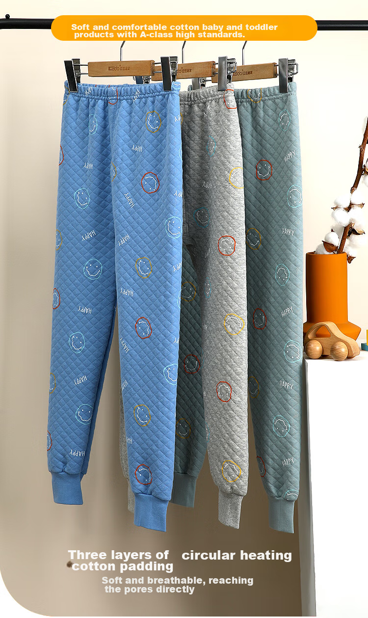 Hodohome Children's Thermal Pants, Boys' Three-Layer Padded Thickened Autumn Pants, for Older Children, Air Layer Cotton Single Pants, 273 140 2