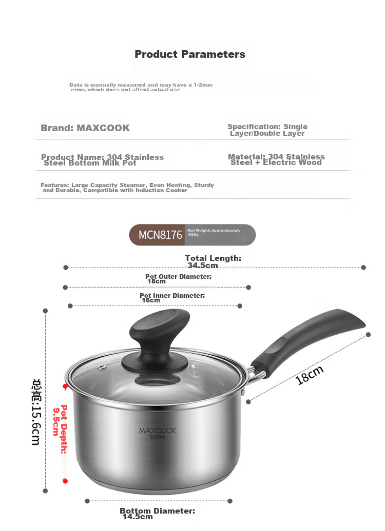 MAXCOOK Milk Pot, 304 Stainless Steel Milk Pot Soup Pot 16cm, Noodle Cooking Milk Baby Food Pot, Thickened Composite Bottom MCN8176 11