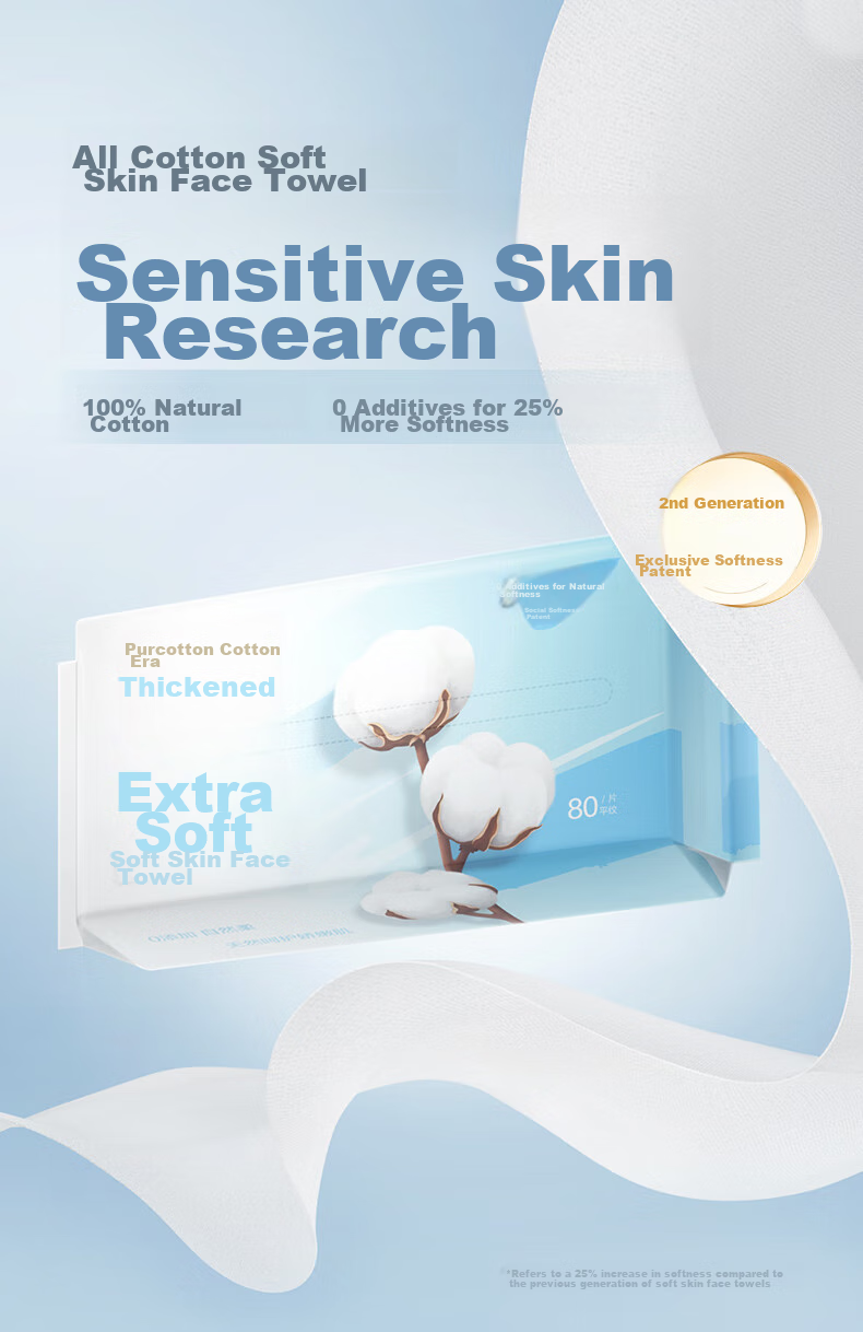 PurCotton Facial Cleansing Wipes, 80 Sheets * 3 Packs, Thickened 100% Pure Cotton Soft Tissues, Disposable Face Towels, 20*20CM 1