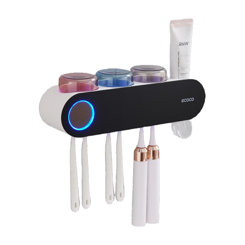 Ecoco Toothbrush Sterilizer, High-End Smart Disinfection Toothbrush Holder, Sterilization Chamber, No Drilling Required, with Toothpaste Squeezer, Black