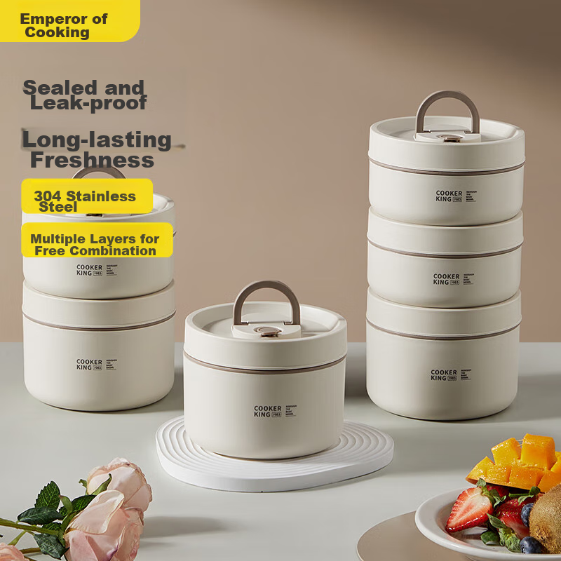 COOKER KING Insulated Lunch Box, Food-Grade 304 Stainless Steel Outer Layer, Multi-Layer Large Capacity Adult Portable Bento Box, 5-Piece Set