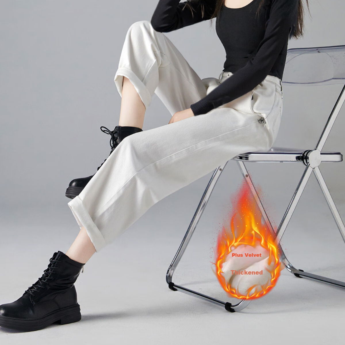 Dme Spring Autumn Winter Long-Leg Pure Cotton Harem Pants with Contrasting Thread Traces Stylish Women's Jeans, White Fleece-Lined, Size 30