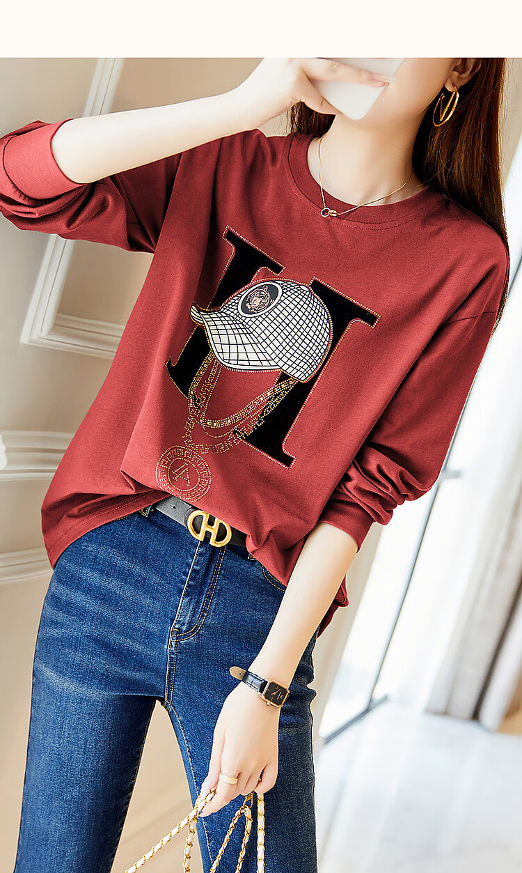 Dme Spring And Autumn Cloud Soft Cotton Long Sleeve Sporty Design Rhinestone Women's T-Shirt, Pink, XL 16