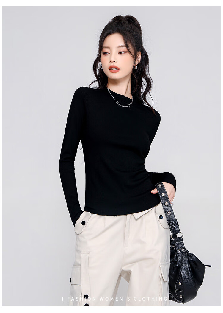 TUCANO Women's Base Layer, Spring And Autumn Inner Wear, Slim-Fit Ribbed Regular Shoulder Long-Sleeve T-Shirt, Solid Color Basic Undershirt Top, Black, M 7