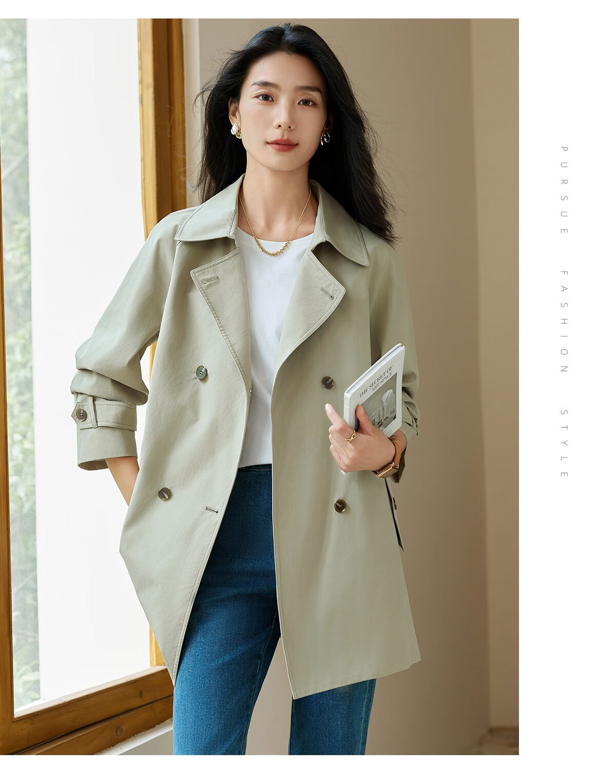 Chushen Spring And Autumn Casual Jacket for Women, Double-Breasted Windbreaker with Raglan Sleeves, British Retro Style Elegant Fashion Top S143U8002 6