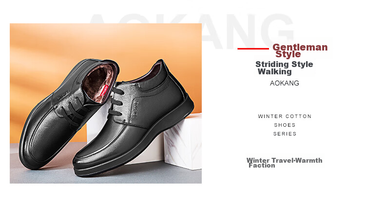 Aokang Casual Business Fleece-Lined Warm Cotton Shoes, Simple And Comfortable Cowhide Shoes for Men, Black, Size 39 24