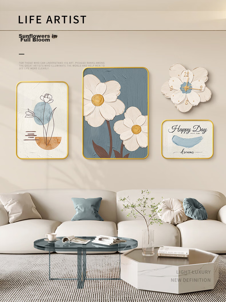 JIJUANJI Cream-Style Living Room Decorative Painting, Modern Minimalist Sofa Background Wall Hanging, High-End Creative Combination Mural 1