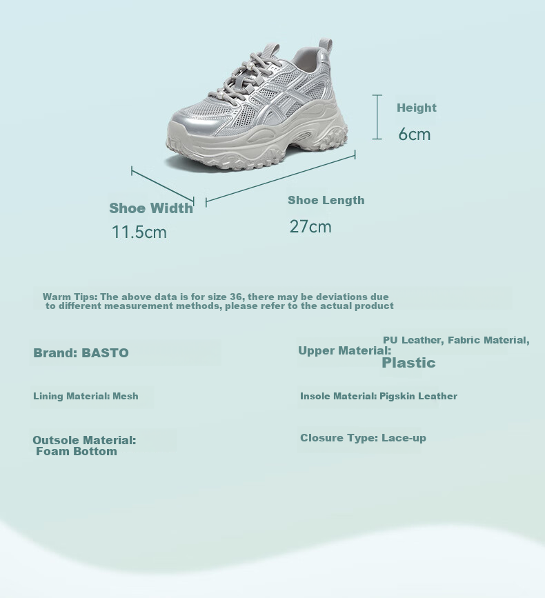 Basto Popular Thick-Soled Dad Shoes, Mesh Breathable Lightweight Sports Casual Sneakers 5