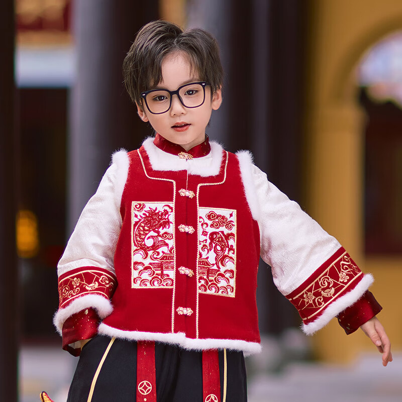 Qibo Boys' New Year Outfit Winter 2026, Children's Thickened Hanfu for Visiting Elders, Jin Can Xian Nian Top, Size 150