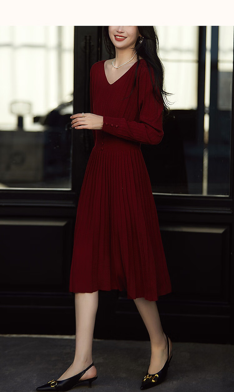 Dme Sweet Feminine V-Neck Waist-Slimming Knit Dress for Women, Mid-Length, Elegant Socialite Style, Spring and Autumn 11