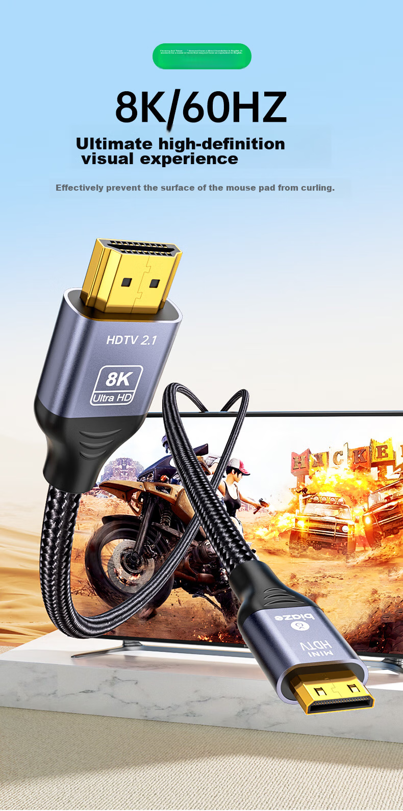 BIAZE MiniHDMI to HDMI 2.1 Version, 8K60Hz/4K120HZ Mini HDMI High-Definition Cable, 3-Meter Connection Cable for Tablets, TVs, Projectors, And Monitors 2