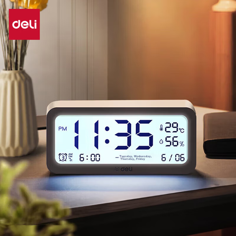 Deli Multifunctional Alarm Clock, Electronic Clock, Simple Student Style, Backlit Large Screen, Temperature And Humidity Meter, Time Management, New And Old Alternating Shipping, White 8826, Back-To Gift