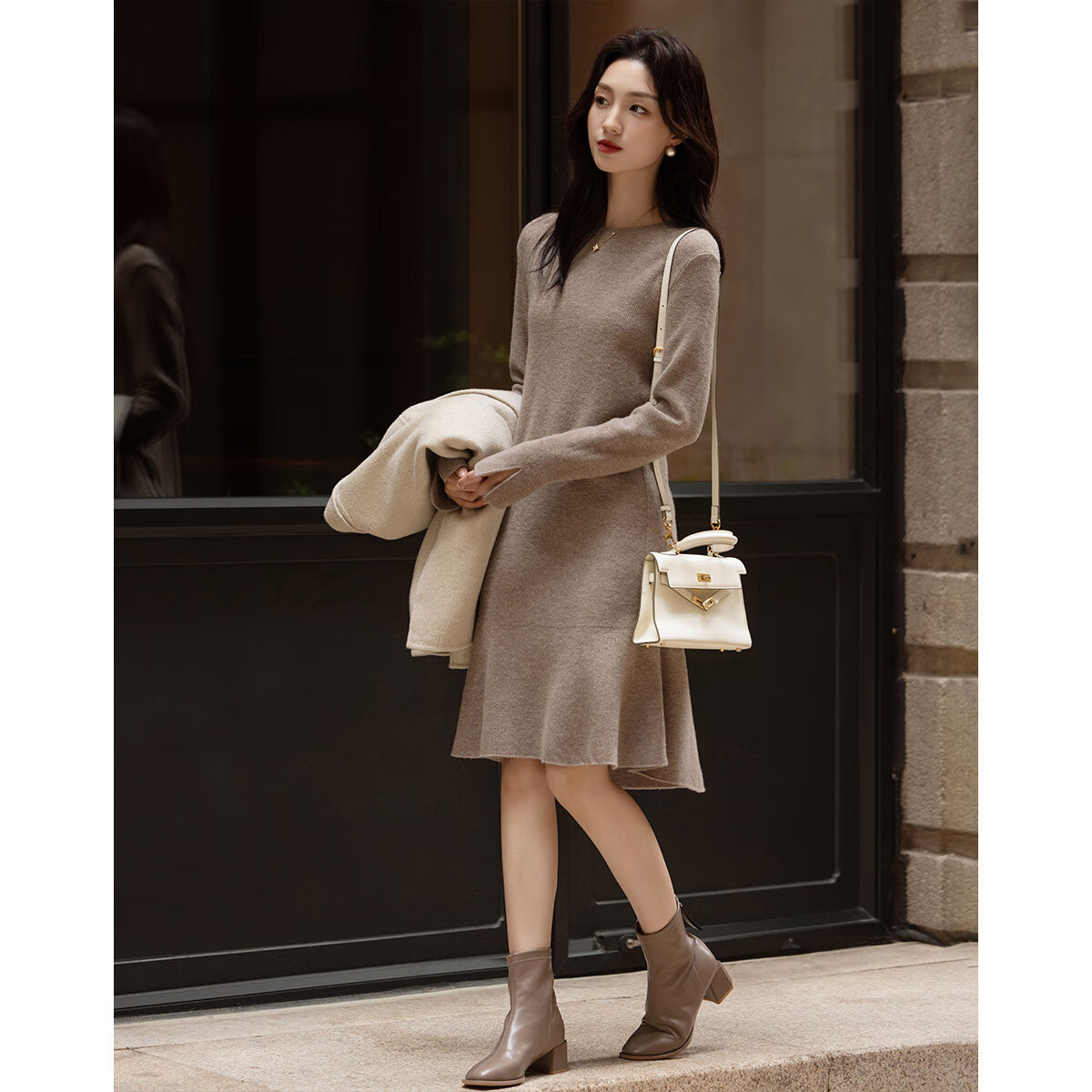 Demana 100% Wool Winter Design Split Front Short Back Long Ruffle Jacquard Women's Dress