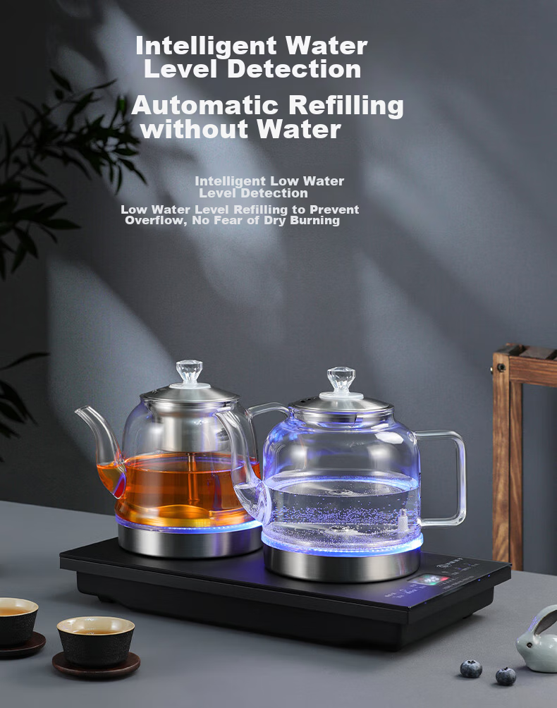 Biooner Fully Automatic Bottom Double Water Inlet Electric Kettle, Glass Water Boiler for Home And Office Use, Integrated Tea Table And Countertop, Built-In Electric Tea Stove, Tea Set Package, Light Luxury Silver Three-I 14