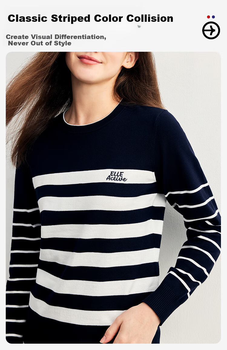 ELLE ACTIVE Striped Contrast Color Sweater for Women, Spring 2026 Style, Elegant Slimming Round Neck Long-Sleeve Knitted Top, Navy Blue/white, Size S 3