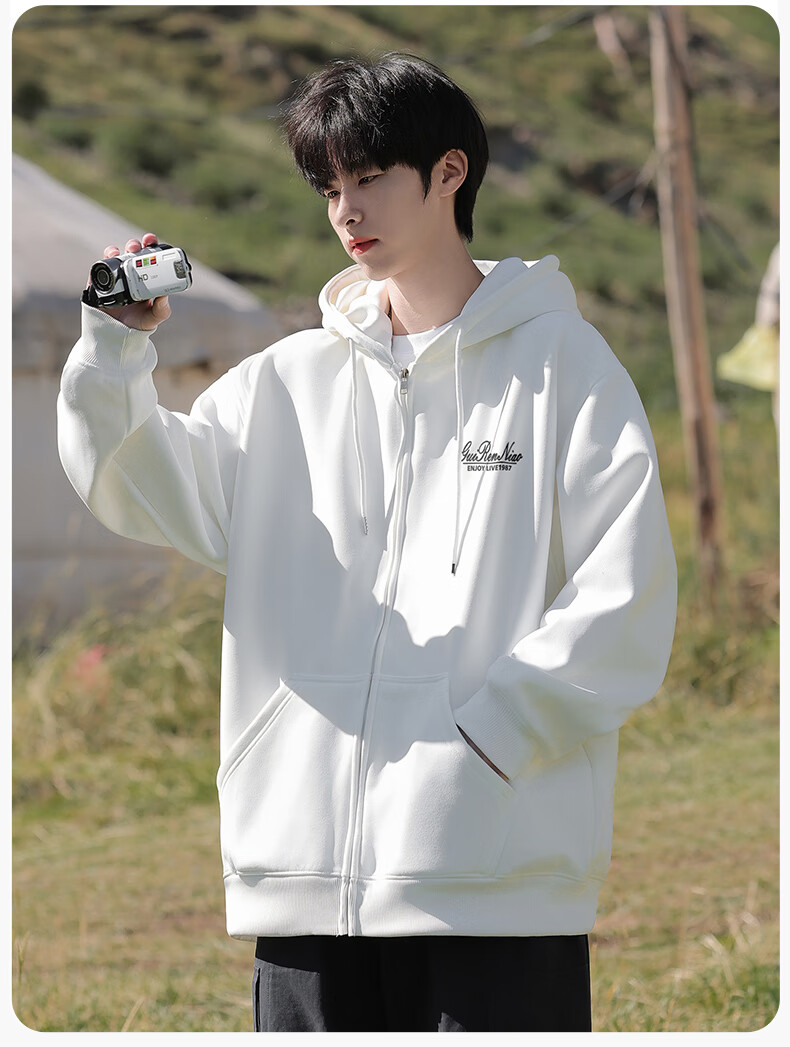 Guirenniao Heavyweight Cardigan Hoodie Men Spring Autumn Youth Casual Hooded Jacket Light Gray [Regular] XL 2