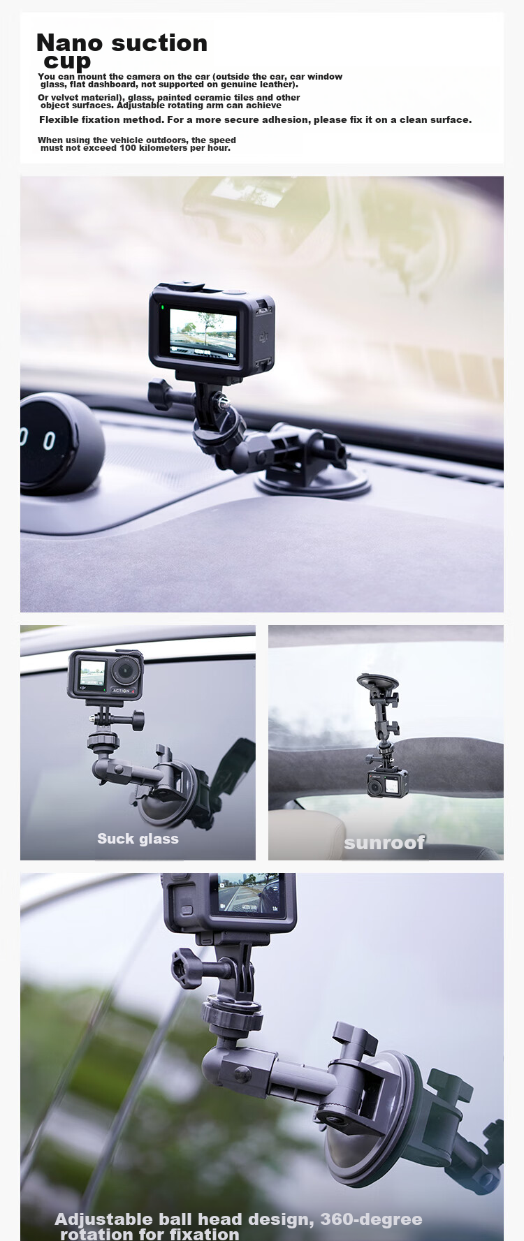 MAXCAM Suitable for DJI Osmo Action 6/5/4/3 Pro Action Camera, Car Nano Adhesive Suction Cup Glass Fixing Car Mount Accessory 1