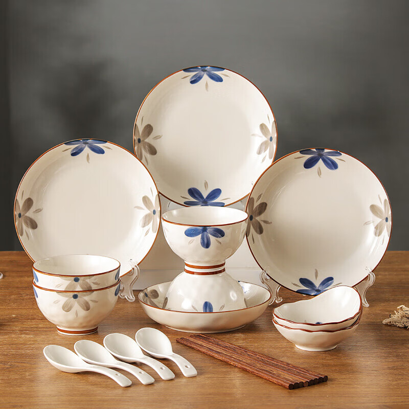 Hechuanwu Japanese-Style Tableware Set, Underglaze Color Ceramic Bowls And Chopsticks Set, Home Use Tableware Set, Housewarming Gift, 16-Piece Antique-Style Combinatio
