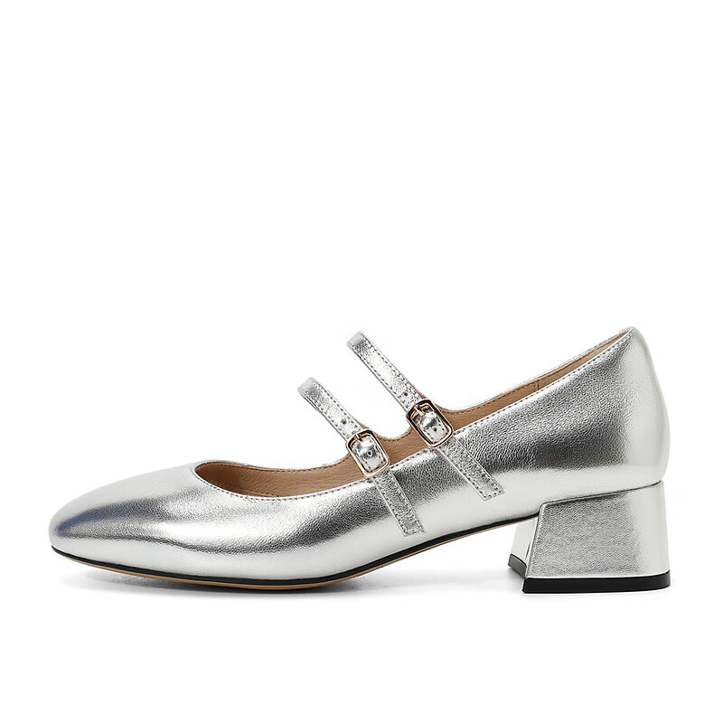SENDA Mary Jane Women's Shoes, High Heels, Chanel-Style Genuine Leather Commuter Pumps, Ladies' Leather Shoes ZTA62AQ4, Silver, Size 40