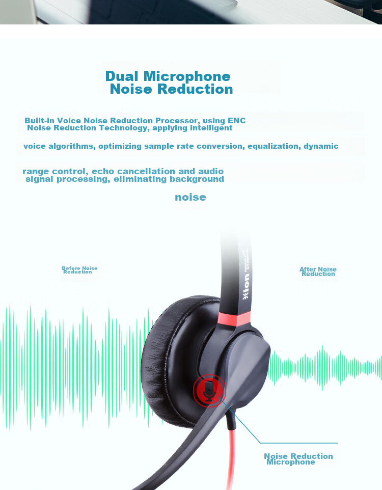 HION H730D Headset, Dual-Ear Call Center Headphones, Dual-Microphone Smart Noise-Cancelling Customer Service Headset, Call Center Agent Computer Headset, Online Education Training, Telemarketing Headset - USB 5