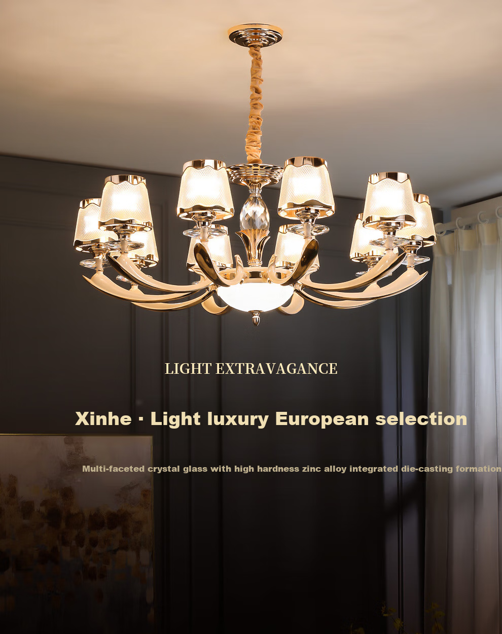 NVC , European And American Light Luxury Crystal Glass Voice-Controlled Smart Chandelier, Living Room Pendant Light, Dining Room Light Fixture, WHXD120F/G-01 1