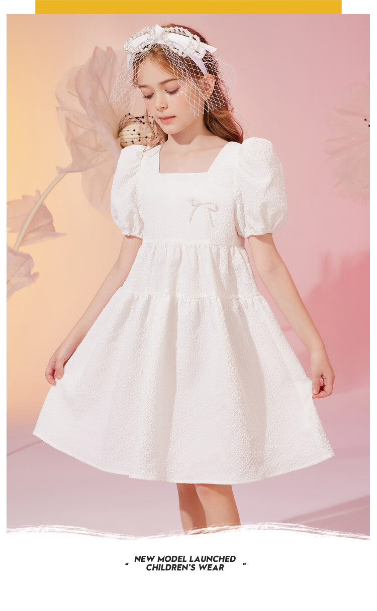 ASK JUNIOR Girls' Summer Dress with Puff Sleeves, Princess Style, Beach Vacation-Inspired White Dress 8