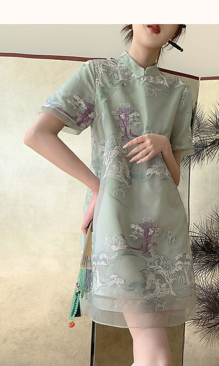 Dme [Banshixi Mingyue] Summer Chinese-Style New Light-Weight Faux Tencel Embroidered Comfortable Concealing Semi-High Collar Dress 12