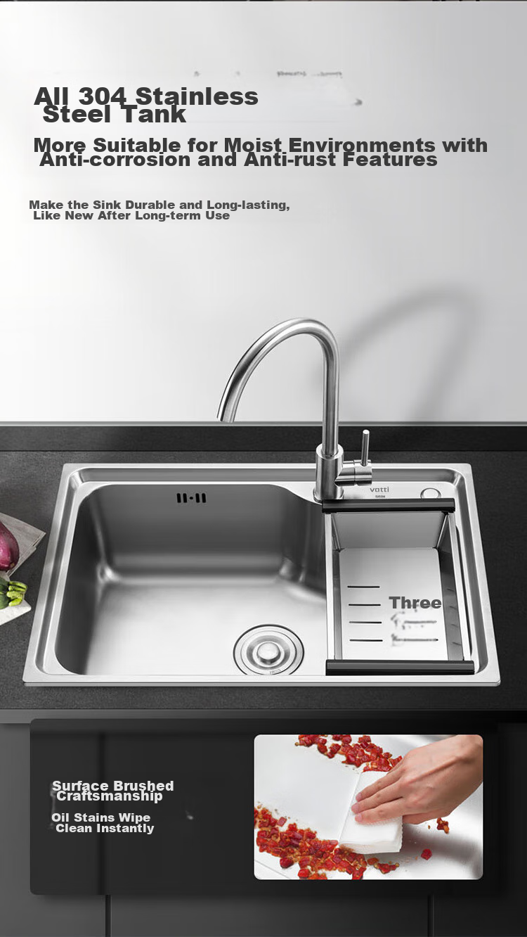 VATTI Kitchen Sink S1, Large Single Bowl Sink, Vegetable Washing Basin, Integrated Basin, 304 Stainless Steel Dishwashing Sink, Tabletop Or Countertop Installation Available 5