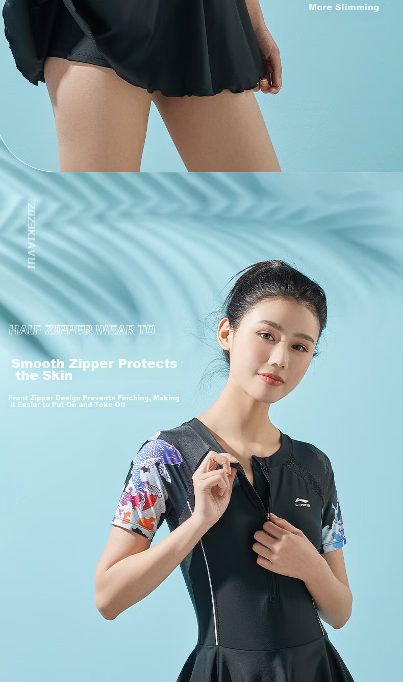Li-Ning One-Piece Swimsuit for Women, Dress-Style Slimming Swimwear, Comfortable Breathable Hot Spring Resort Swimwear 088 Black M 9