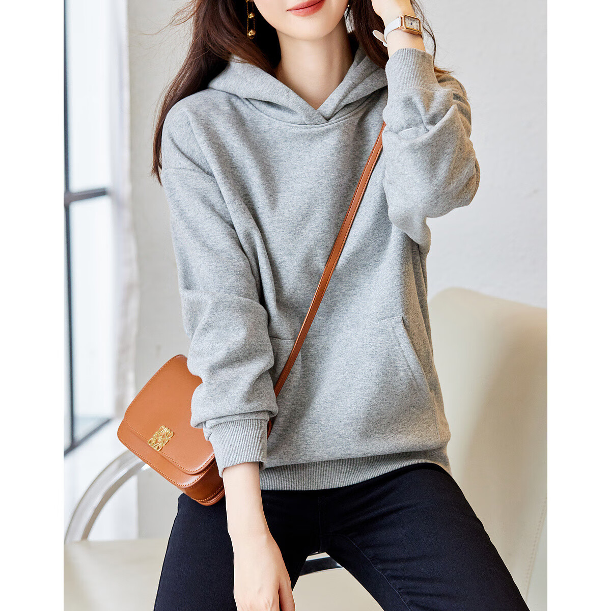 Dme [Hooded Commuter] Winter Fashion Fleece-Lined Drop Shoulder Long Sleeve Pocket Commuter Sweatshirt for Women, Linen Gray, M