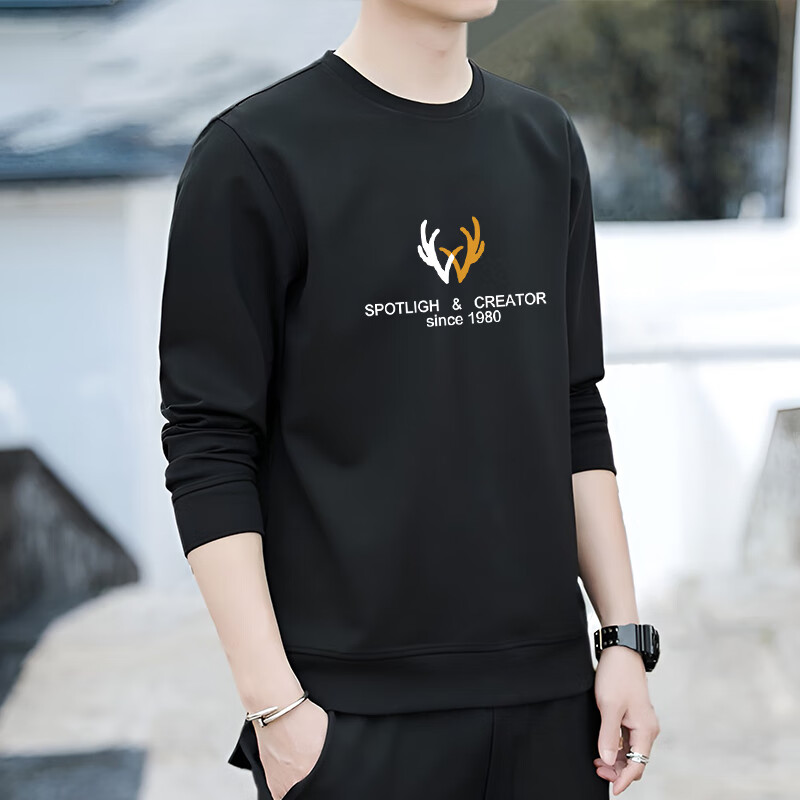 VANCAMEL Men's Autumn Casual Solid Color Crew Neck Long Sleeve Sweatshirt Black L