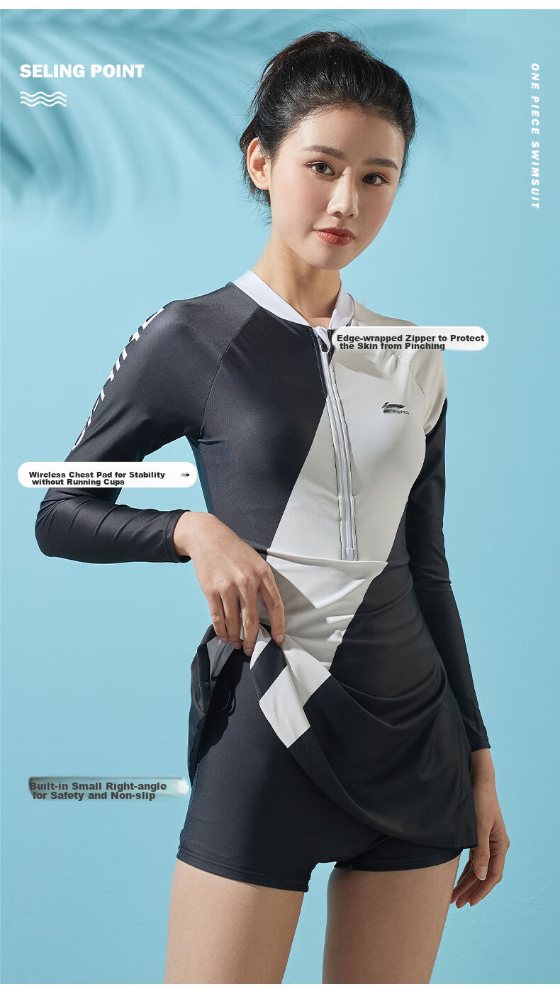 Li-Ning One-Piece Swimsuit for Women, Long-Sleeve Dress Style with Color Block Design, High-Elasticity Breathable Hot Spring Resort Swimwear 026 Black And White M 5