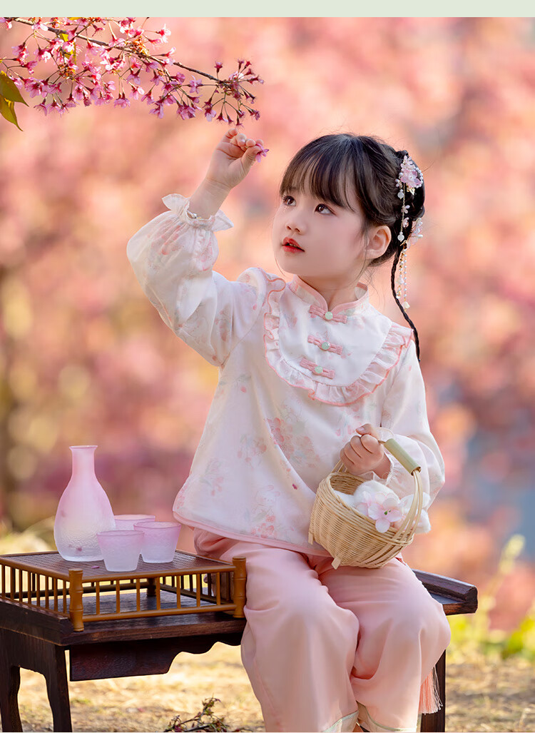 Menghu Jinse Hanfu Girls' Spring 2026 New Chinese Tang Suit, Children's Traditional Ancient Costume Pants Set, Pink, Size 130 17