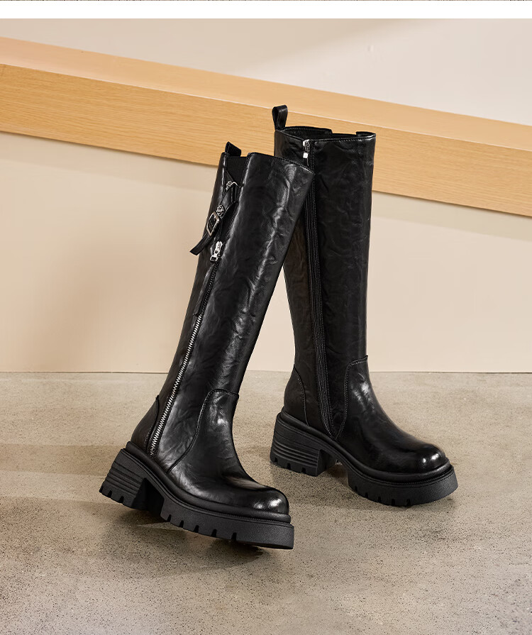 St&Sat Fleece-Lined Tall Boots Women 2025 New Winter Thick Sole Height Increasing Retro High Tube Denim Boots British Knight Long Boots 12