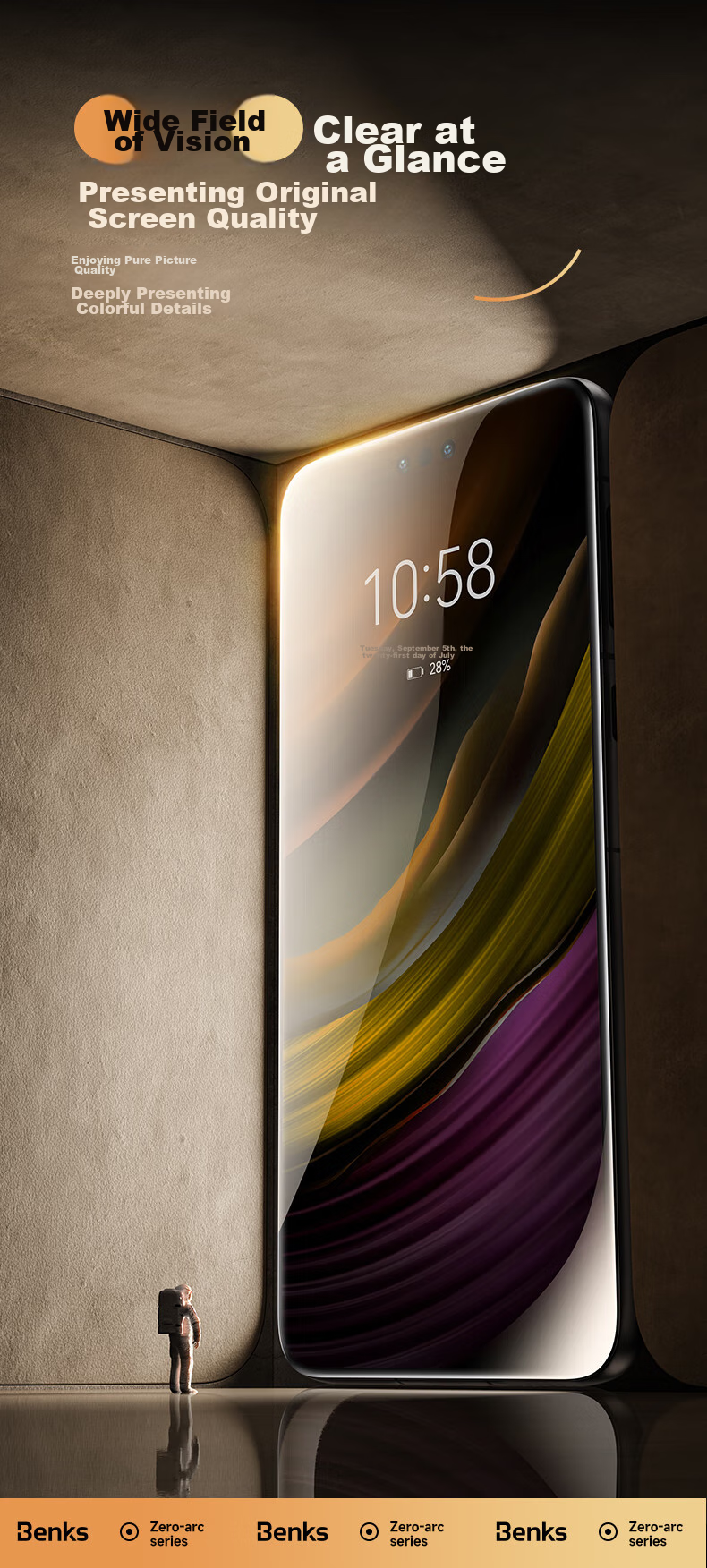 Benks Tempered Glass Screen Protector for Huawei Mate60 Pro/Pro+/RS, Hot-Bending Curved Surface AR Anti-Glare Anti-Reflective Full Coverage HD Protective Film 8