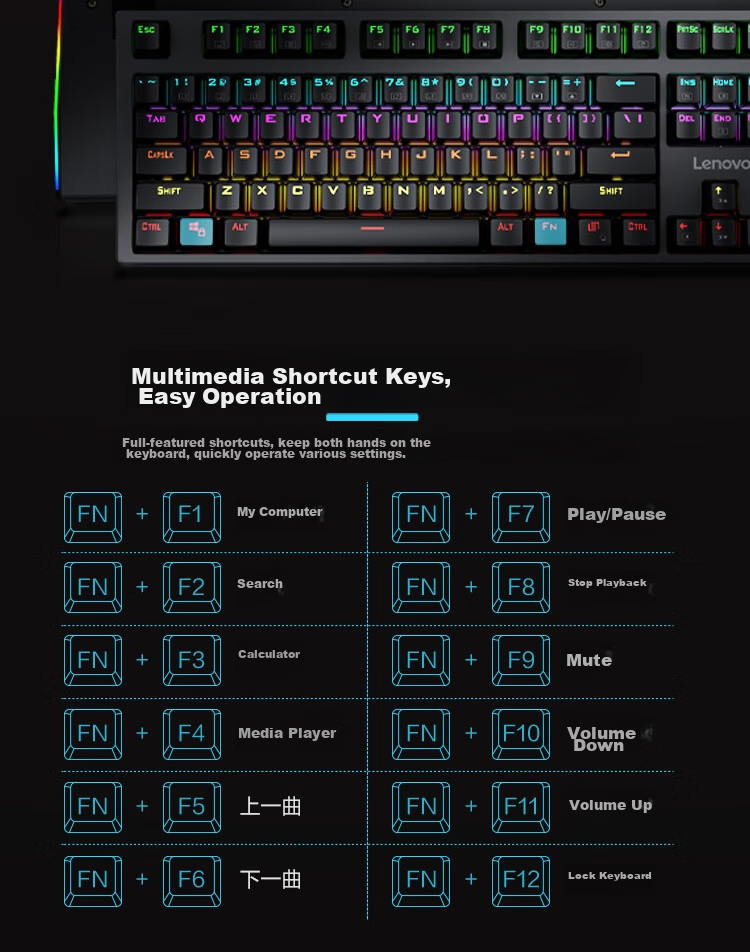 Lenovo K104 Wired Mechanical Blue Switch Keyboard with RGB Lighting Effects, Compatible with Lenovo Legion R9000P/Y7000 Gaming And Office Use, 104 Keys, PUBG Keyboard, Black Blue Switch 10
