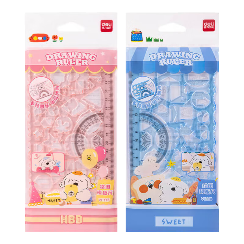 Deli Student Drawing Ruler Template Set, Various Shapes for Easy Drawing, Elementary School Straight Ruler, Random Colors, Ruler for College Entrance Exam Blessing Gift